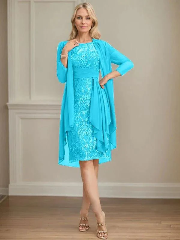 Sheath/Column Scoop Illusion Knee-Length Lace Chiffon Mother of the Bride Dress With Cascading Ruffles Sequins - Image 72