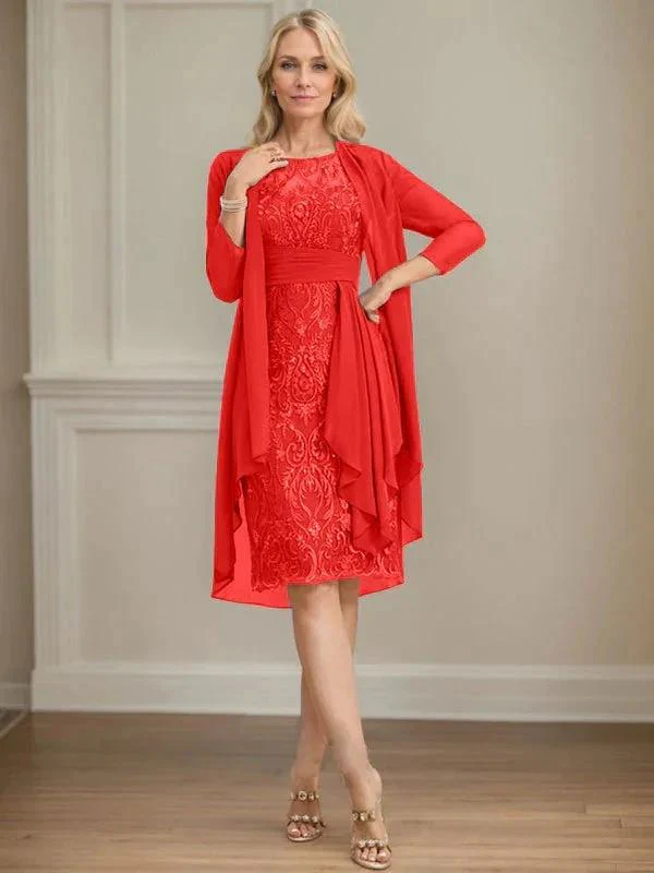 Sheath/Column Scoop Illusion Knee-Length Lace Chiffon Mother of the Bride Dress With Cascading Ruffles Sequins - Image 73