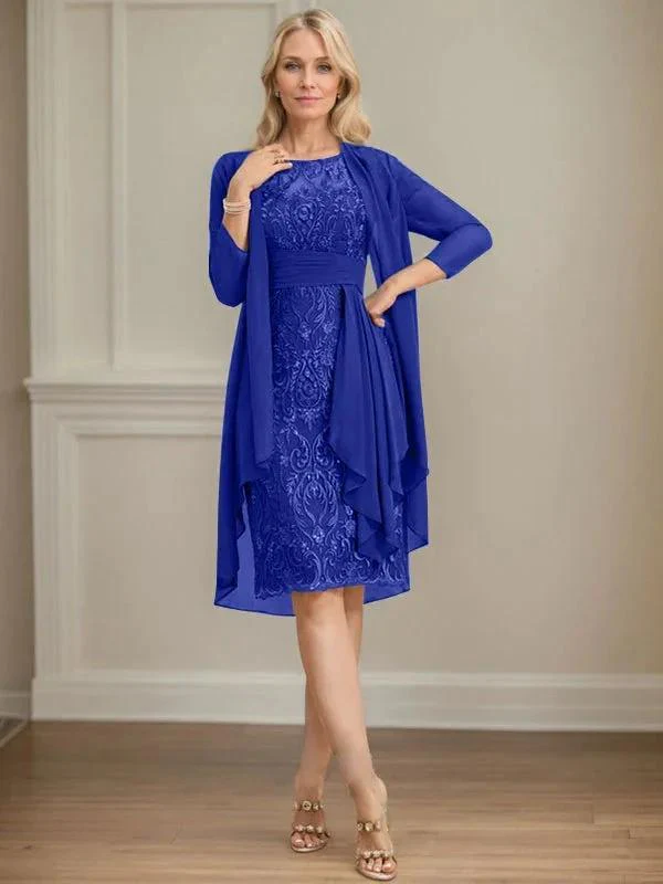 Sheath/Column Scoop Illusion Knee-Length Lace Chiffon Mother of the Bride Dress With Cascading Ruffles Sequins - Image 74