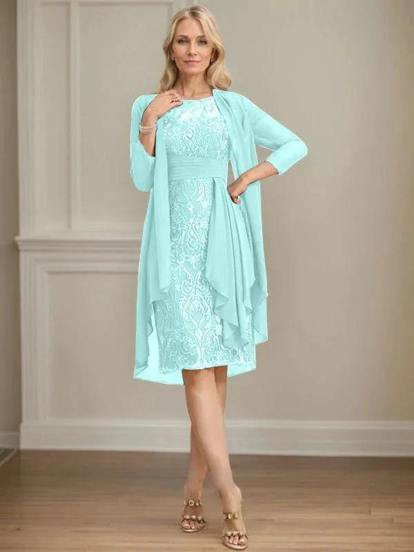 Sheath/Column Scoop Illusion Knee-Length Lace Chiffon Mother of the Bride Dress With Cascading Ruffles Sequins - Image 75