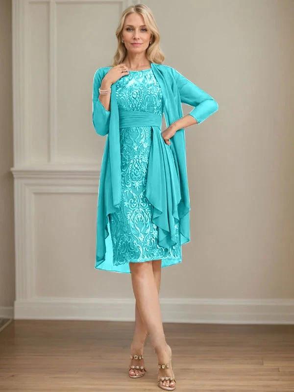 Sheath/Column Scoop Illusion Knee-Length Lace Chiffon Mother of the Bride Dress With Cascading Ruffles Sequins - Image 76