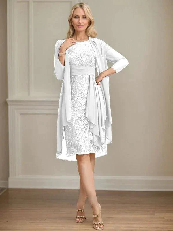 Sheath/Column Scoop Illusion Knee-Length Lace Chiffon Mother of the Bride Dress With Cascading Ruffles Sequins - Image 77