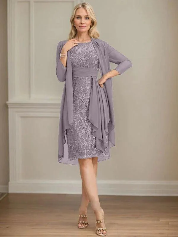 Sheath/Column Scoop Illusion Knee-Length Lace Chiffon Mother of the Bride Dress With Cascading Ruffles Sequins - Image 78