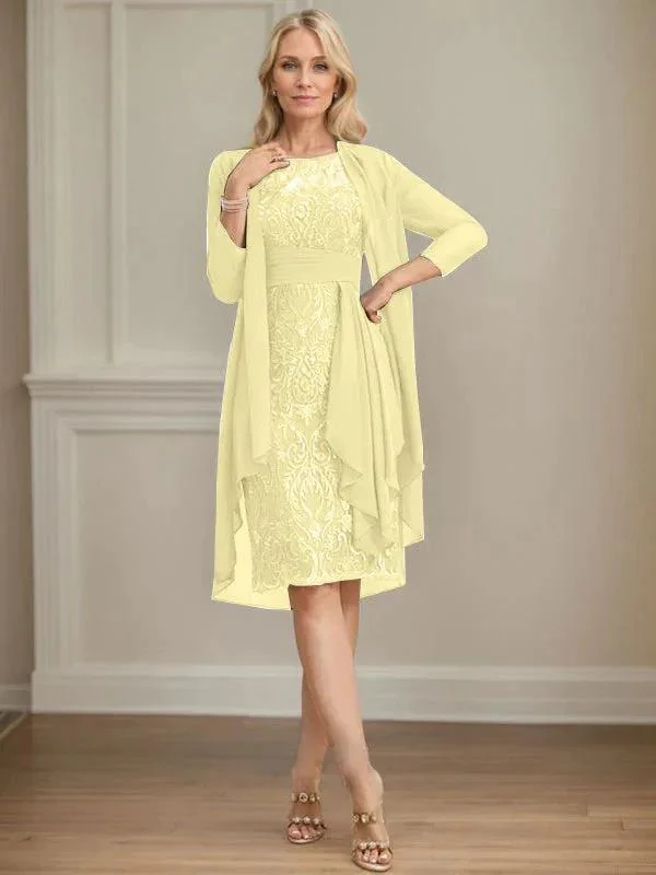 Sheath/Column Scoop Illusion Knee-Length Lace Chiffon Mother of the Bride Dress With Cascading Ruffles Sequins - Image 79