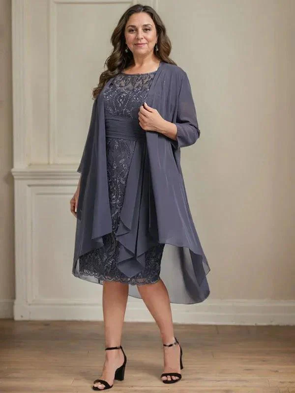 Sheath/Column Scoop Illusion Knee-Length Lace Chiffon Mother of the Bride Dress With Cascading Ruffles Sequins - Image 8