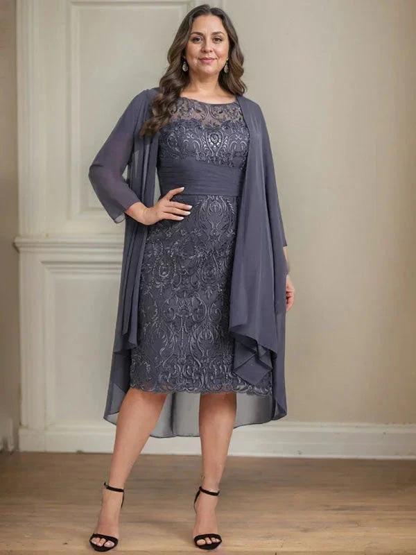 Sheath/Column Scoop Illusion Knee-Length Lace Chiffon Mother of the Bride Dress With Cascading Ruffles Sequins - Image 9