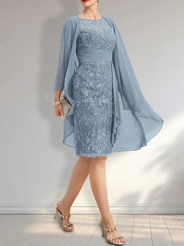 Sheath Scoop Illusion Knee-Length Lace Chiffon Mother of the Bride Dress With Cascading Ruffles Sequins - Image 12