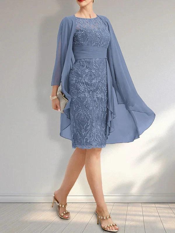 Sheath Scoop Illusion Knee-Length Lace Chiffon Mother of the Bride Dress With Cascading Ruffles Sequins - Image 13