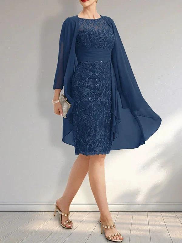 Sheath Scoop Illusion Knee-Length Lace Chiffon Mother of the Bride Dress With Cascading Ruffles Sequins - Image 14