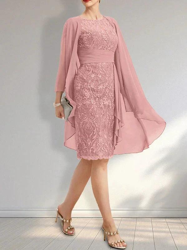 Sheath Scoop Illusion Knee-Length Lace Chiffon Mother of the Bride Dress With Cascading Ruffles Sequins - Image 15