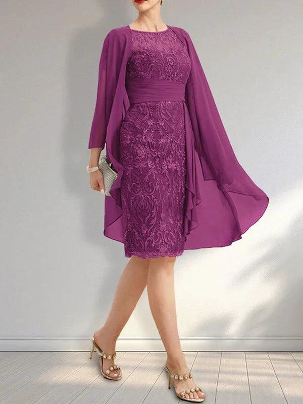 Sheath Scoop Illusion Knee-Length Lace Chiffon Mother of the Bride Dress With Cascading Ruffles Sequins - Image 16