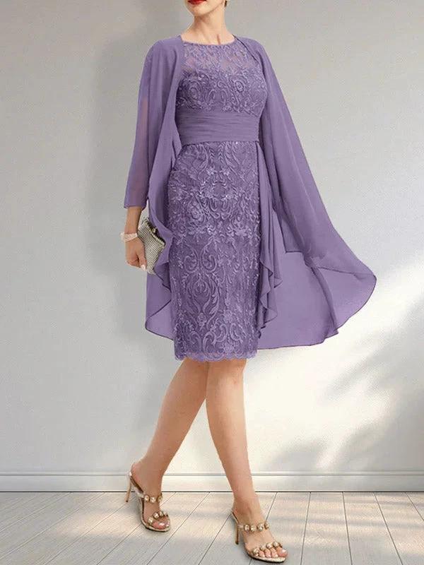 Sheath Scoop Illusion Knee-Length Lace Chiffon Mother of the Bride Dress With Cascading Ruffles Sequins - Image 17