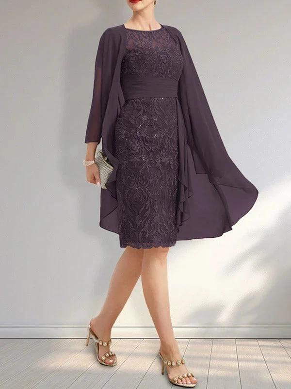 Sheath Scoop Illusion Knee-Length Lace Chiffon Mother of the Bride Dress With Cascading Ruffles Sequins - Image 19