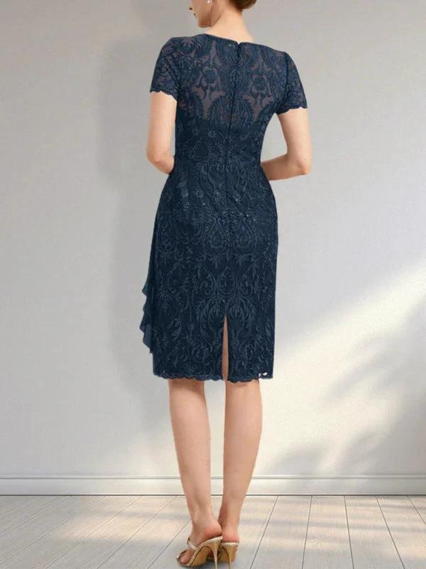 Sheath Scoop Illusion Knee-Length Lace Chiffon Mother of the Bride Dress With Cascading Ruffles Sequins - Image 2