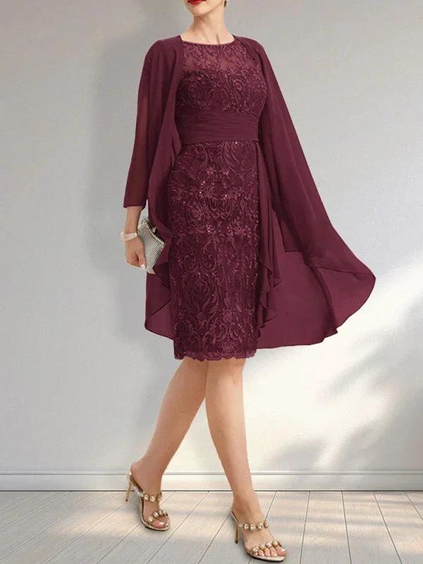 Sheath Scoop Illusion Knee-Length Lace Chiffon Mother of the Bride Dress With Cascading Ruffles Sequins - Image 20