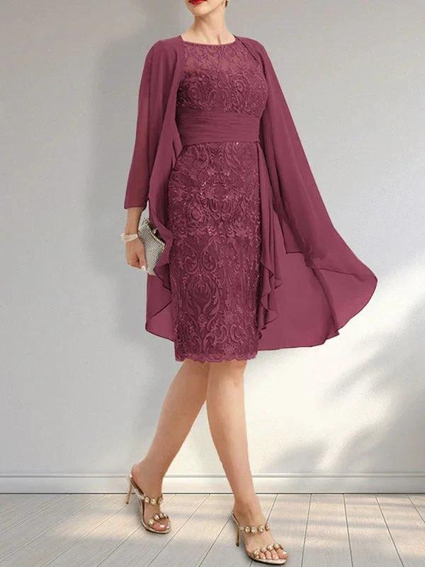 Sheath Scoop Illusion Knee-Length Lace Chiffon Mother of the Bride Dress With Cascading Ruffles Sequins - Image 21