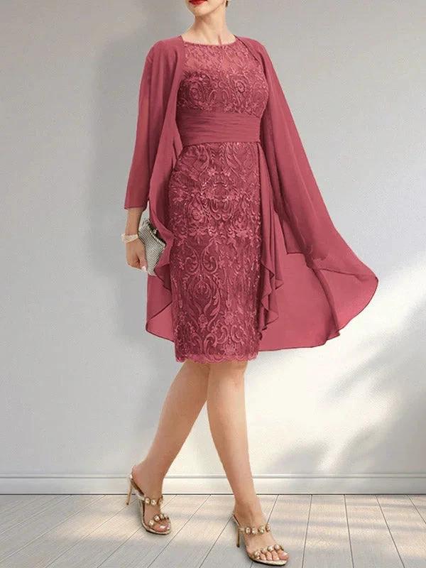 Sheath Scoop Illusion Knee-Length Lace Chiffon Mother of the Bride Dress With Cascading Ruffles Sequins - Image 22