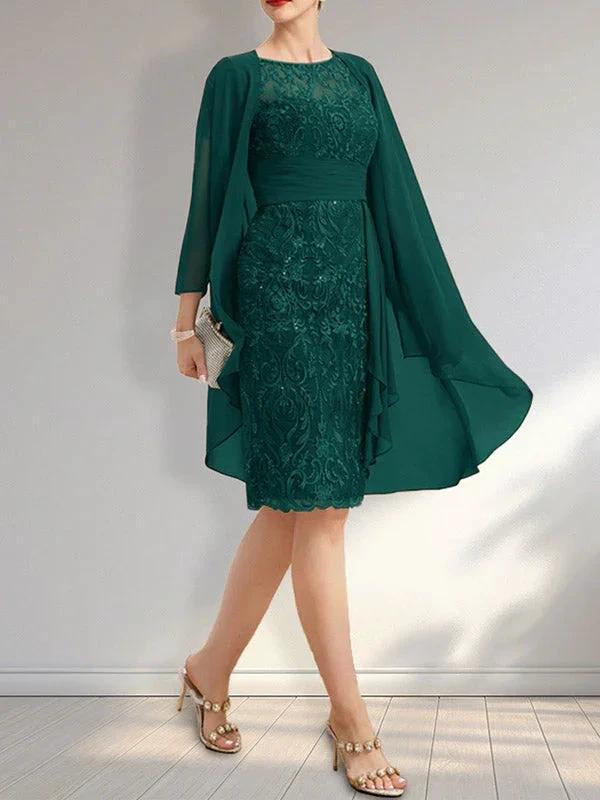 Sheath Scoop Illusion Knee-Length Lace Chiffon Mother of the Bride Dress With Cascading Ruffles Sequins - Image 24