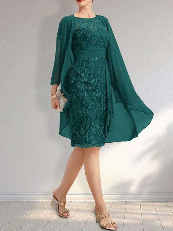 Sheath Scoop Illusion Knee-Length Lace Chiffon Mother of the Bride Dress With Cascading Ruffles Sequins - Image 25