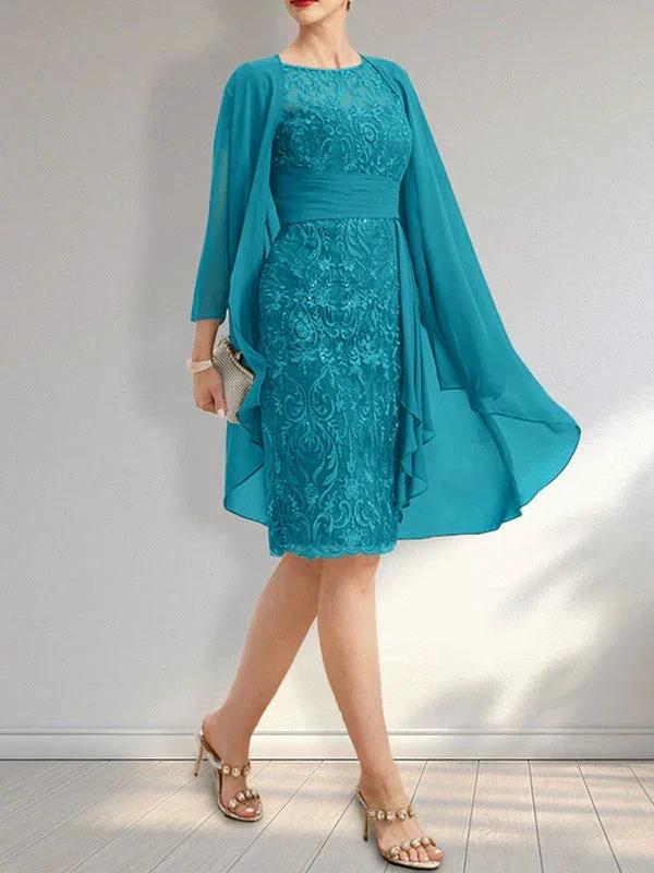Sheath Scoop Illusion Knee-Length Lace Chiffon Mother of the Bride Dress With Cascading Ruffles Sequins - Image 26
