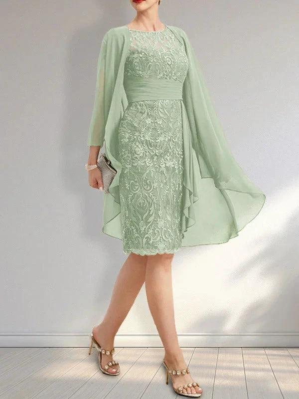 Sheath Scoop Illusion Knee-Length Lace Chiffon Mother of the Bride Dress With Cascading Ruffles Sequins - Image 27