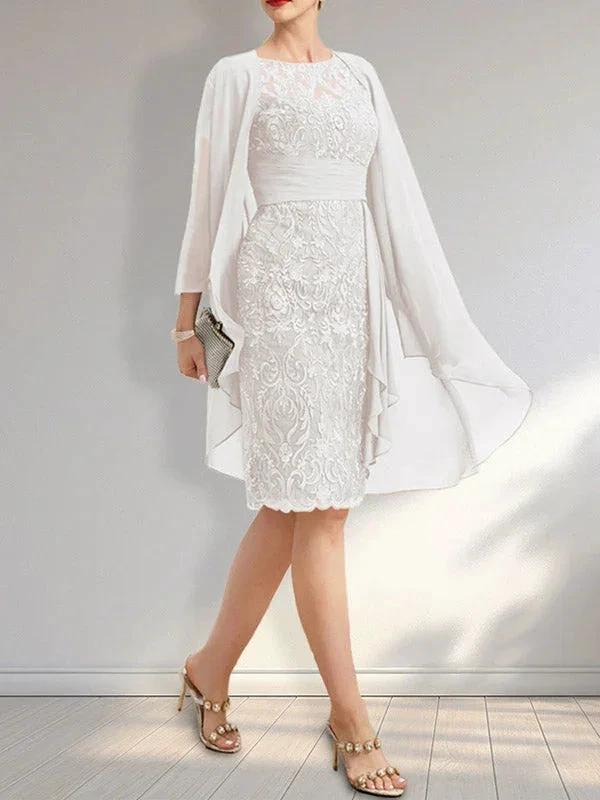 Sheath Scoop Illusion Knee-Length Lace Chiffon Mother of the Bride Dress With Cascading Ruffles Sequins - Image 28
