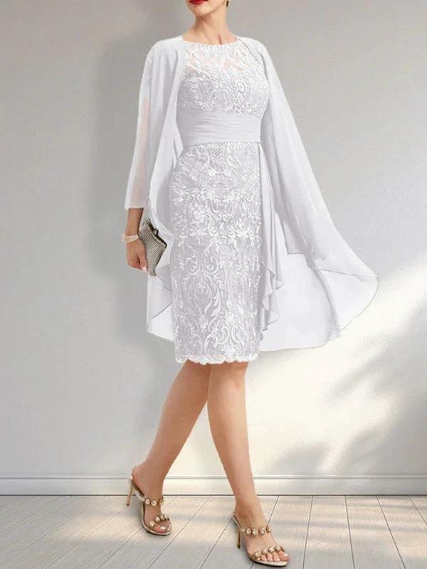 Sheath Scoop Illusion Knee-Length Lace Chiffon Mother of the Bride Dress With Cascading Ruffles Sequins - Image 29
