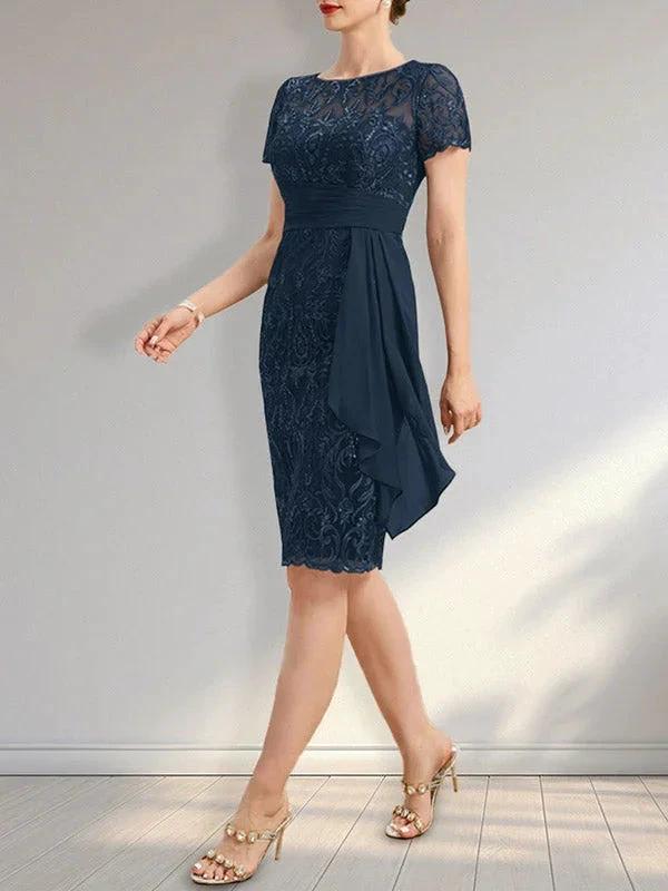 Sheath Scoop Illusion Knee-Length Lace Chiffon Mother of the Bride Dress With Cascading Ruffles Sequins - Image 3