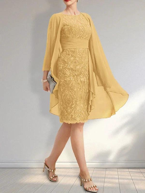 Sheath Scoop Illusion Knee-Length Lace Chiffon Mother of the Bride Dress With Cascading Ruffles Sequins - Image 30