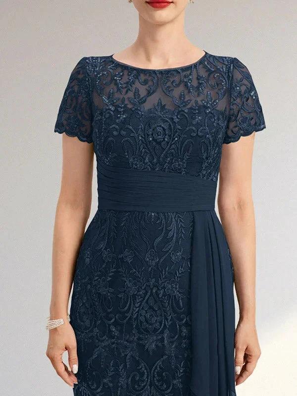 Sheath Scoop Illusion Knee-Length Lace Chiffon Mother of the Bride Dress With Cascading Ruffles Sequins - Image 4