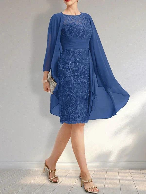 Sheath Scoop Illusion Knee-Length Lace Chiffon Mother of the Bride Dress With Cascading Ruffles Sequins - Image 5