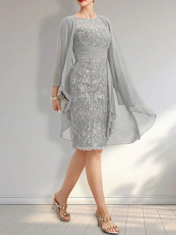 Sheath Scoop Illusion Knee-Length Lace Chiffon Mother of the Bride Dress With Cascading Ruffles Sequins - Image 6