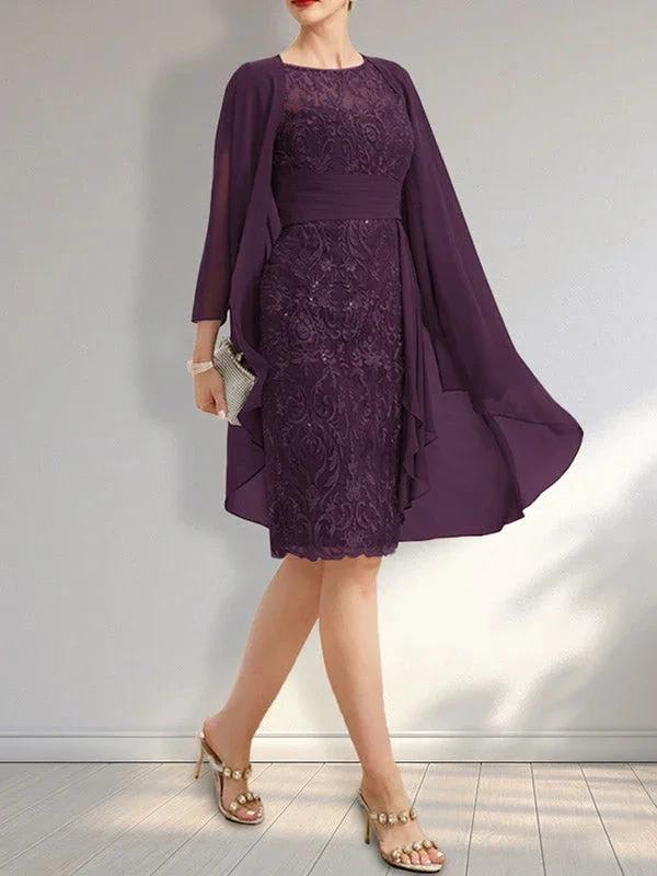 Sheath Scoop Illusion Knee-Length Lace Chiffon Mother of the Bride Dress With Cascading Ruffles Sequins - Image 7