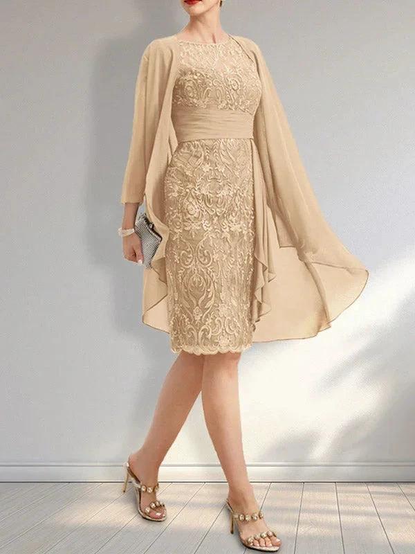 Sheath Scoop Illusion Knee-Length Lace Chiffon Mother of the Bride Dress With Cascading Ruffles Sequins - Image 9
