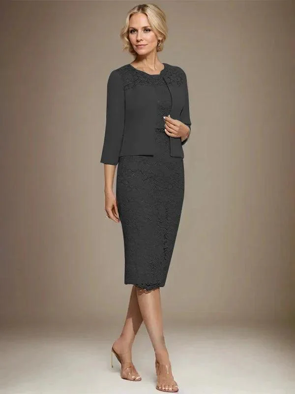 Sheath/Column Scoop Knee-Length Chiffon Lace Mother of the Bride Dress With Beading - Image 14