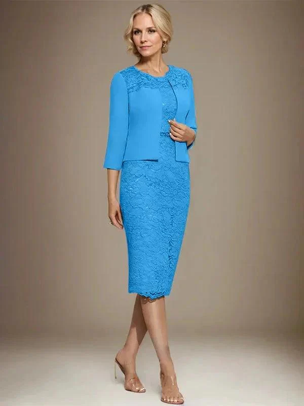 Sheath/Column Scoop Knee-Length Chiffon Lace Mother of the Bride Dress With Beading - Image 15