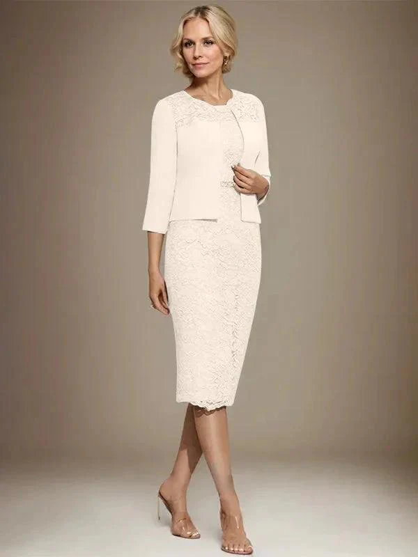 Sheath/Column Scoop Knee-Length Chiffon Lace Mother of the Bride Dress With Beading - Image 16
