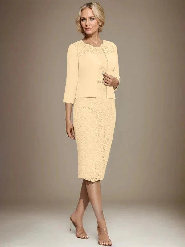 Sheath/Column Scoop Knee-Length Chiffon Lace Mother of the Bride Dress With Beading - Image 18