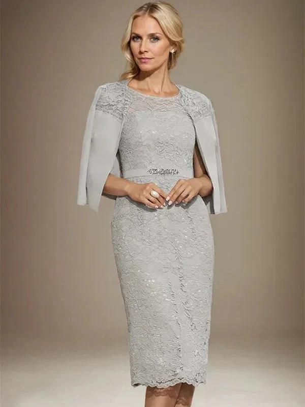 Sheath/Column Scoop Knee-Length Chiffon Lace Mother of the Bride Dress With Beading - Image 2
