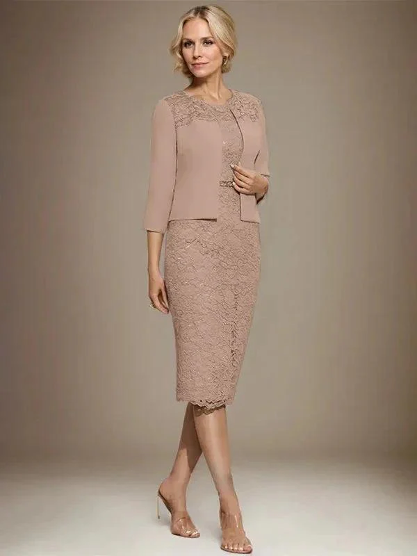 Sheath/Column Scoop Knee-Length Chiffon Lace Mother of the Bride Dress With Beading - Image 21