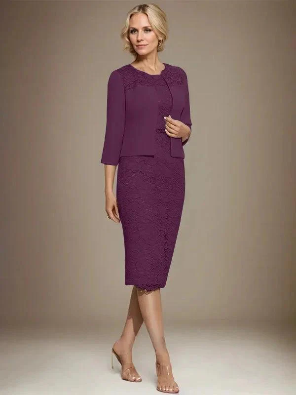 Sheath/Column Scoop Knee-Length Chiffon Lace Mother of the Bride Dress With Beading - Image 23