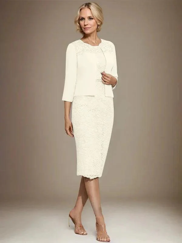 Sheath/Column Scoop Knee-Length Chiffon Lace Mother of the Bride Dress With Beading - Image 25