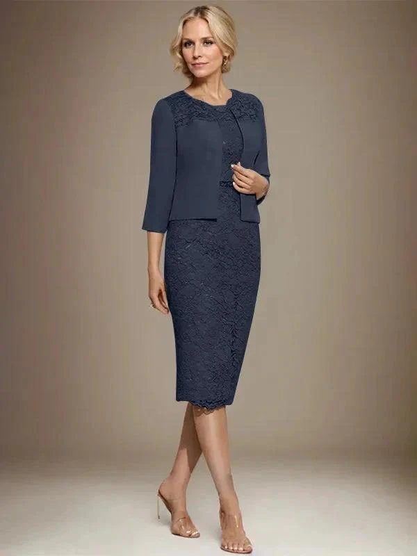 Sheath/Column Scoop Knee-Length Chiffon Lace Mother of the Bride Dress With Beading - Image 32