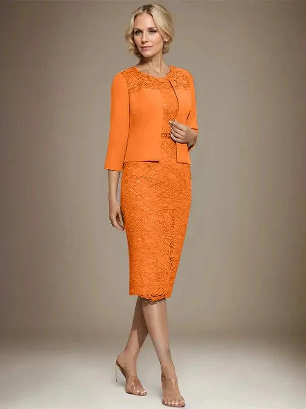 Sheath/Column Scoop Knee-Length Chiffon Lace Mother of the Bride Dress With Beading - Image 34