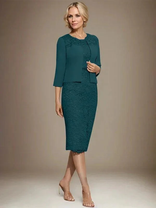 Sheath/Column Scoop Knee-Length Chiffon Lace Mother of the Bride Dress With Beading - Image 35