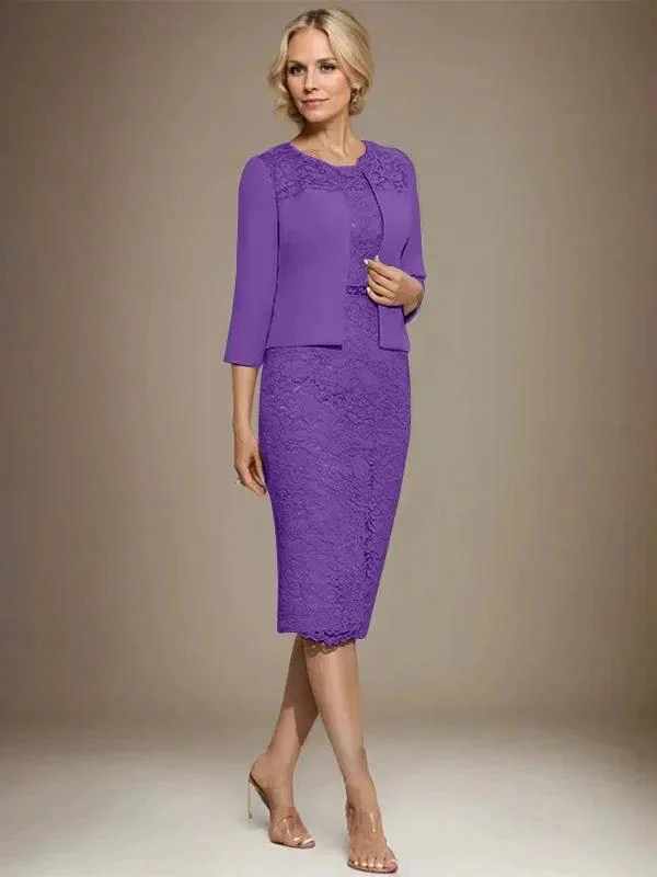 Sheath/Column Scoop Knee-Length Chiffon Lace Mother of the Bride Dress With Beading - Image 37