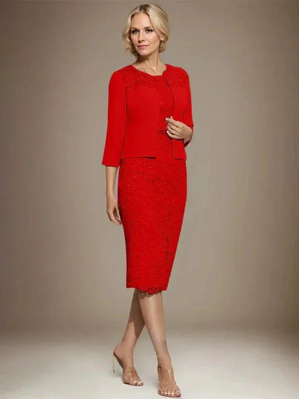Sheath/Column Scoop Knee-Length Chiffon Lace Mother of the Bride Dress With Beading - Image 38