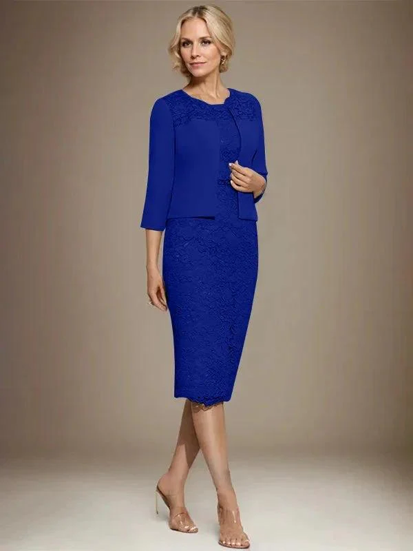 Sheath/Column Scoop Knee-Length Chiffon Lace Mother of the Bride Dress With Beading - Image 39