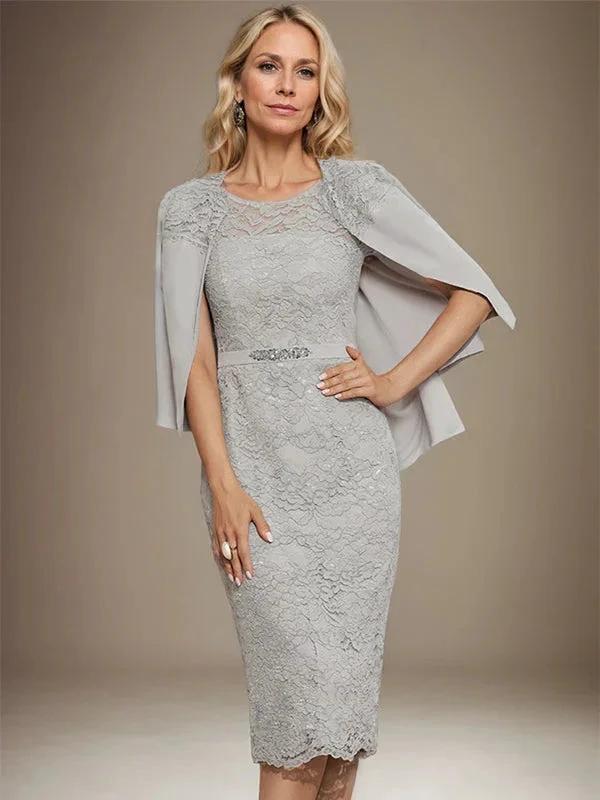 Sheath/Column Scoop Knee-Length Chiffon Lace Mother of the Bride Dress With Beading - Image 4