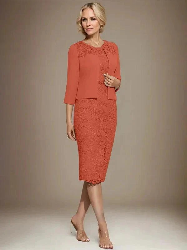 Sheath/Column Scoop Knee-Length Chiffon Lace Mother of the Bride Dress With Beading - Image 40
